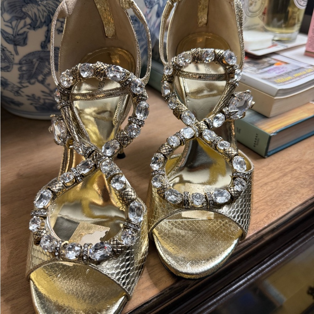 Roberto Cavalli Glamorous Gold Heels with Swarovski Crystal Serpent Snake Straps - Picture 7 of 9